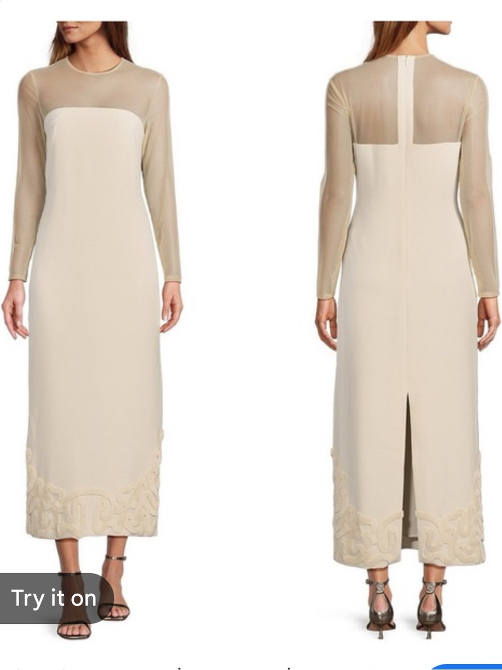 ANTONIO MELANI Sheer Yoke Cream Midi Dress with Embroidered Hem